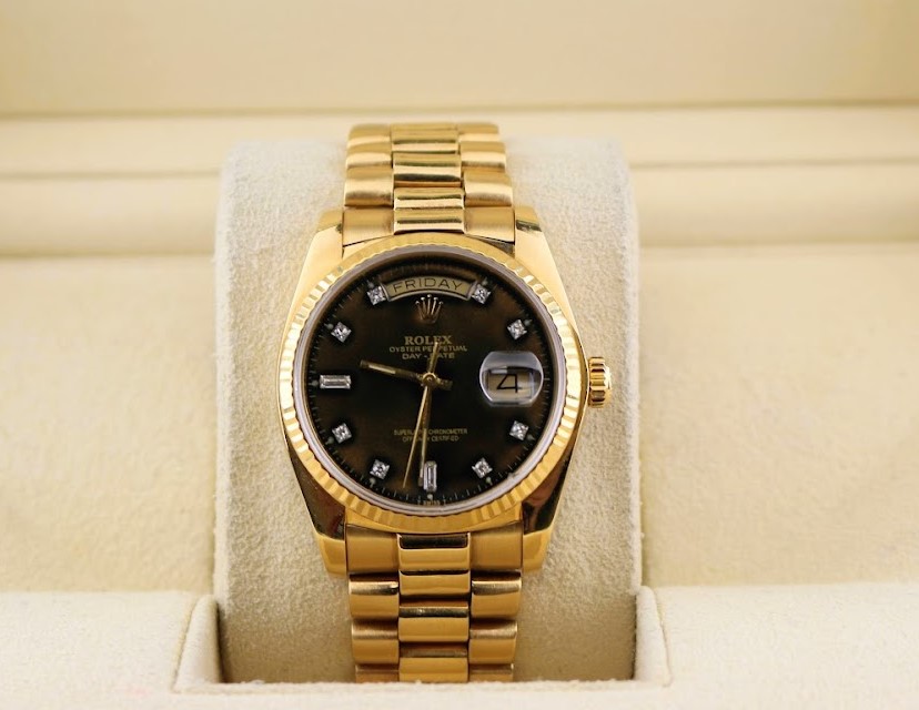 1983 Rolex Day Date 18038 Faded Black Tahitian Diamond Dial 18kt