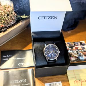 MEN'S STAINLESS STEEL BLACK LEATHER BAND CITIZEN ECO DRIVE WATCH
