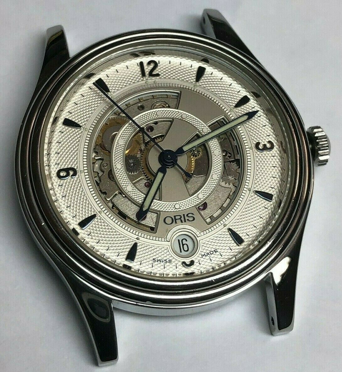 RARE VINTAGE ORIS MENS 35MM WATCH SKELETON DIAL W DATE EXHIBITION