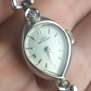 Lady Hamilton Vintage Teardrop 14K White Gold Diamond Watch  display picture 1