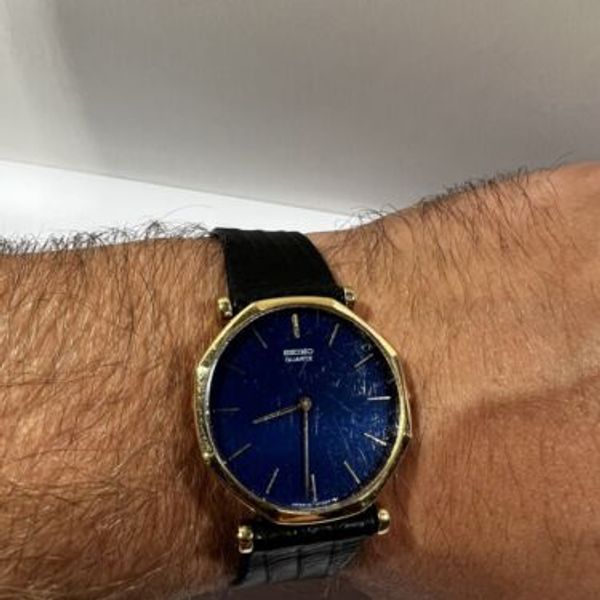 その他 012.Vintage Vintage Men's Blue Gold Seiko Watch 43-0128 Black Leather