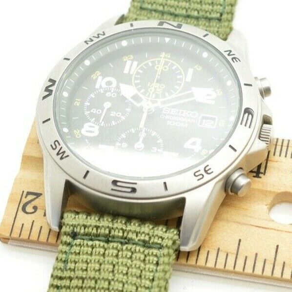 Seiko Chronograph Watch 100M 7T92-0DX0 Military Green Strap