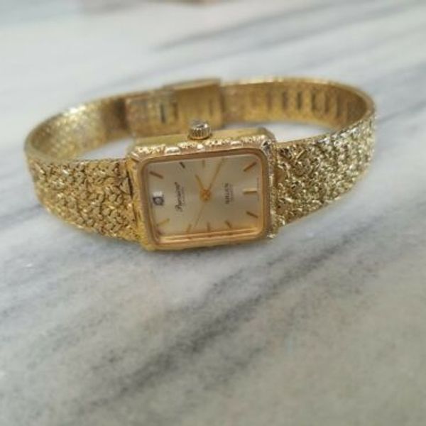 GRUEN PRECISION Diamond 18K Gold Plated Nugget Quartz Women's Watch 225 ...