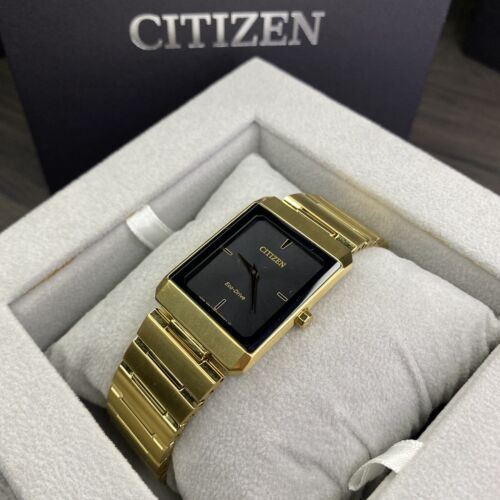 NEW✓Citizen Eco-Drive Stiletto Unisex Gold-Tone Black Dial 35mm