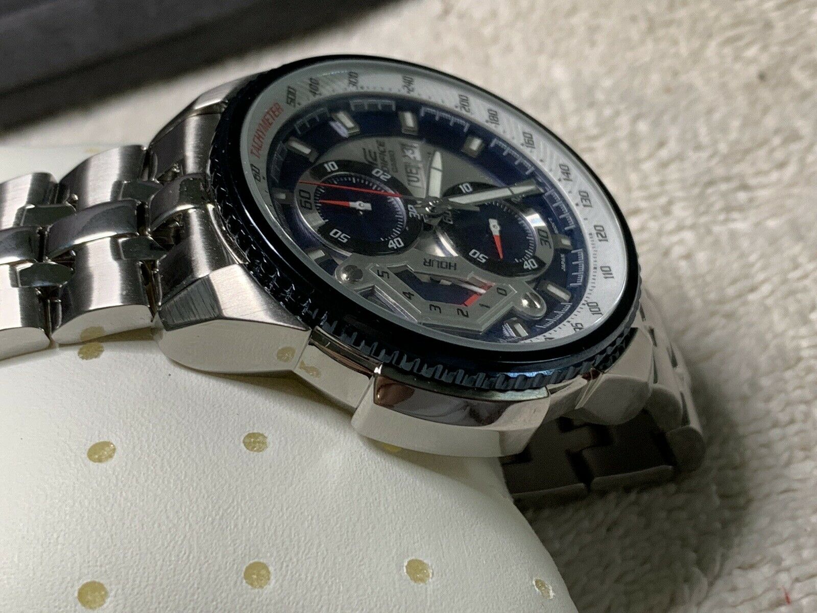 Casio Edifice EF-558D-2AV Blue-White-Red Dial Chronograph Day/Date