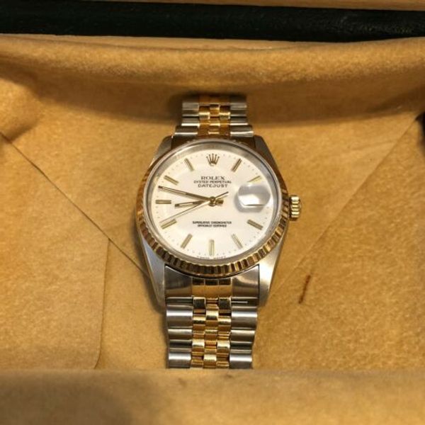 Rolex 16233 Datejust, White Dial, 18K Yellow Gold & Steel, with Box ...