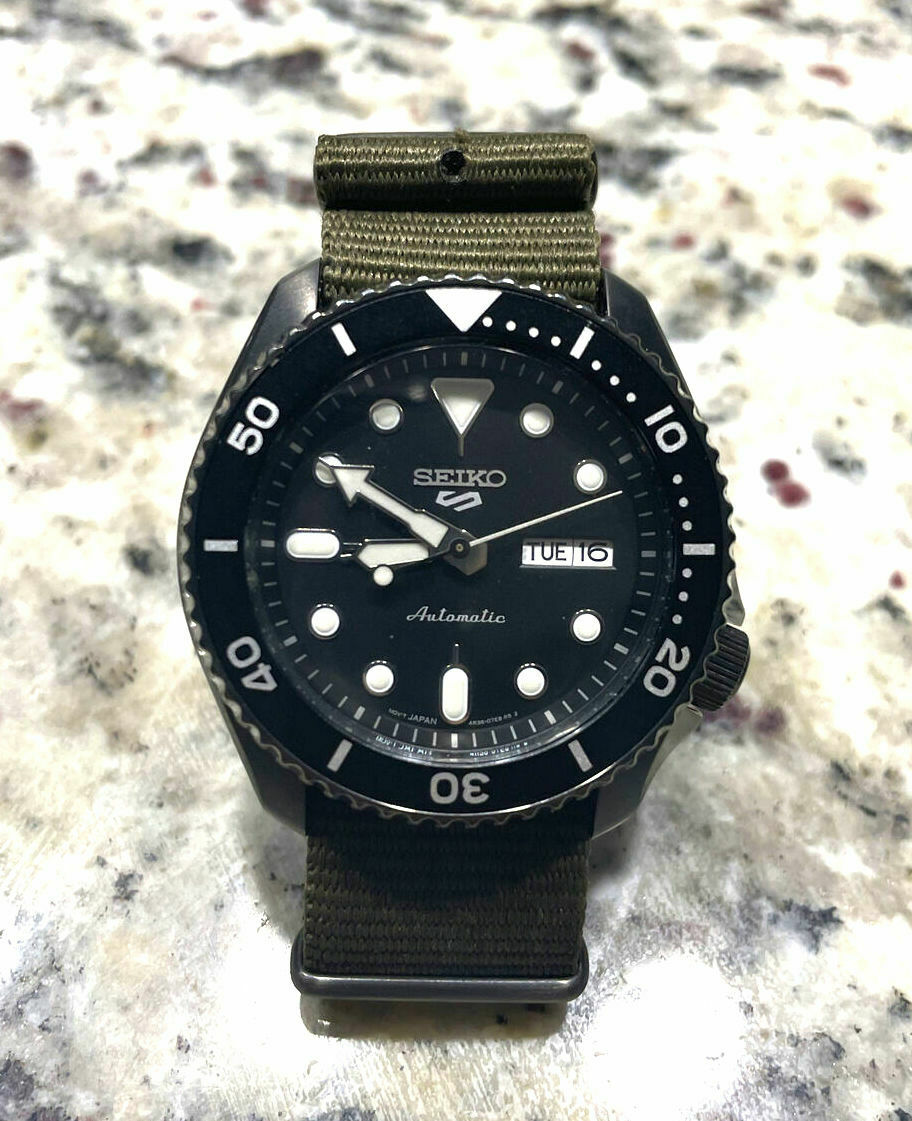 SEIKO 5 Sport Automatic 24 Jewels SRPD91 Black Ion Watch Green NATO ...