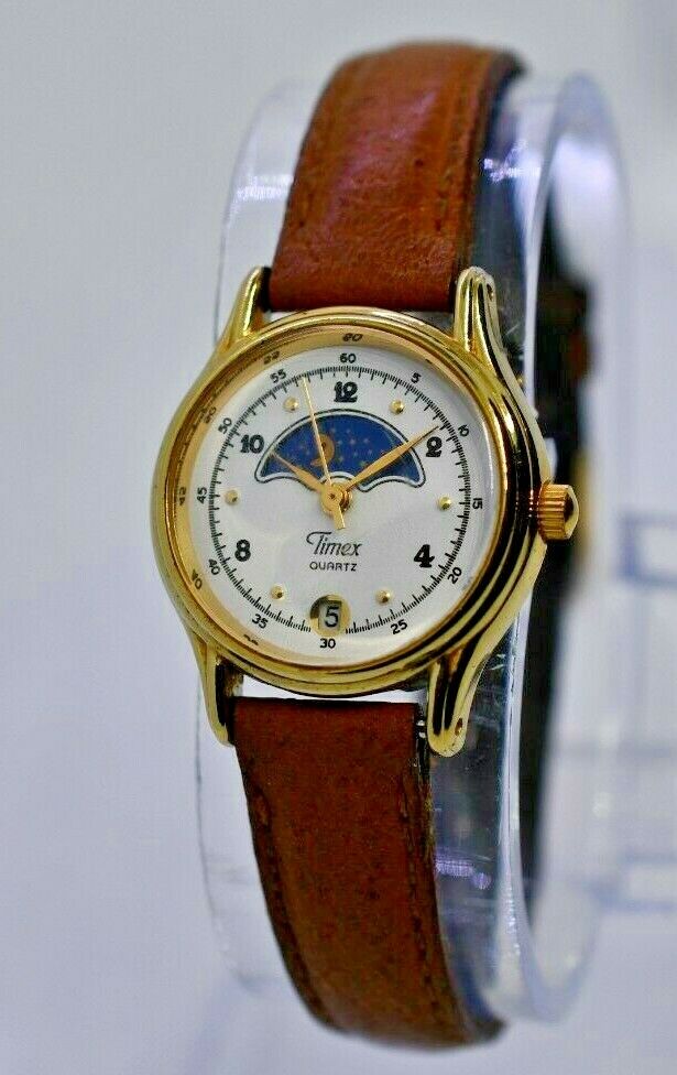 Vintage 1990s Ladies TIMEX Sun Moon Phase Wrist Watch, Gold 