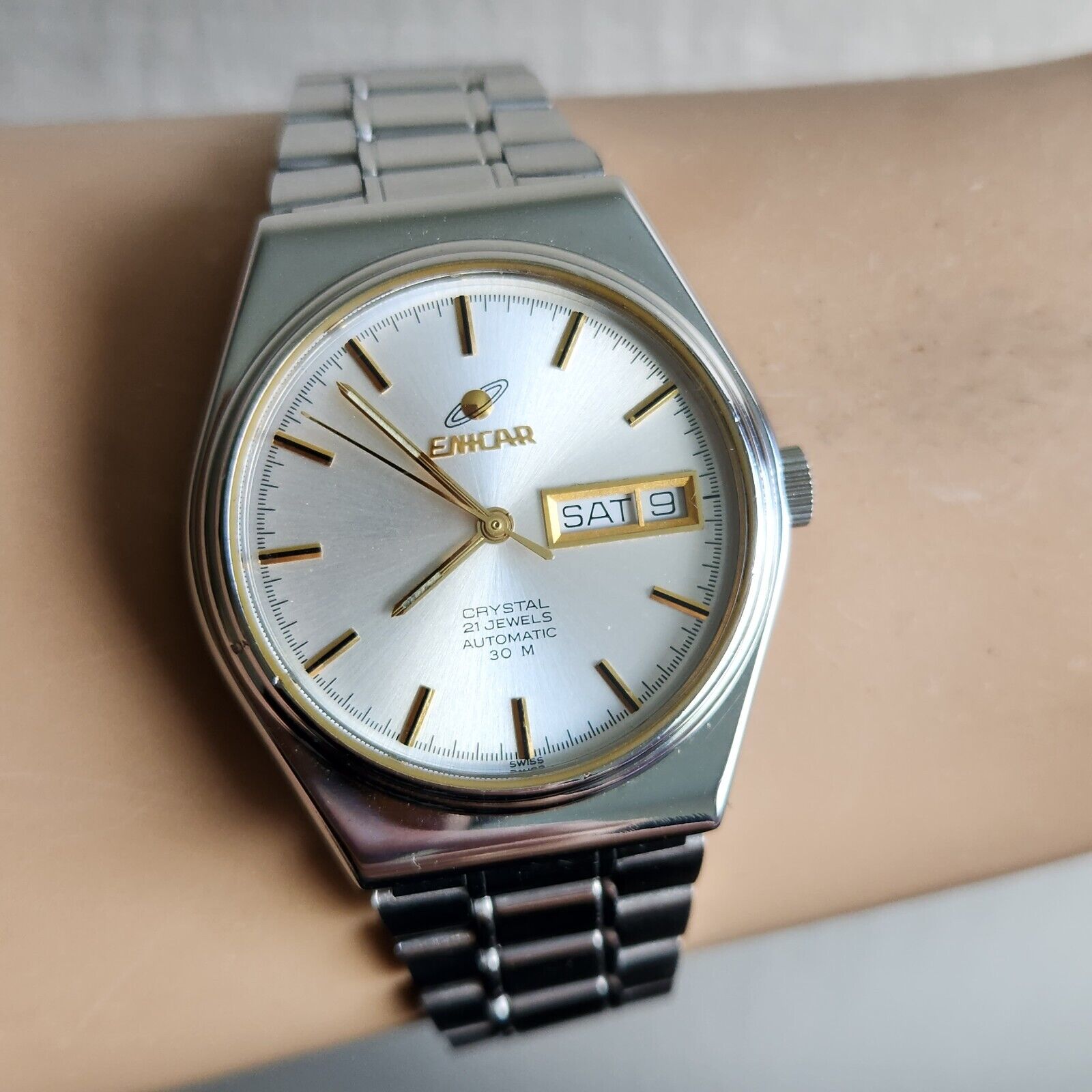 Vintage ENICAR factory Ocean Pearl Men's Aotumatic watch Day/Date 25Jewels 1970s