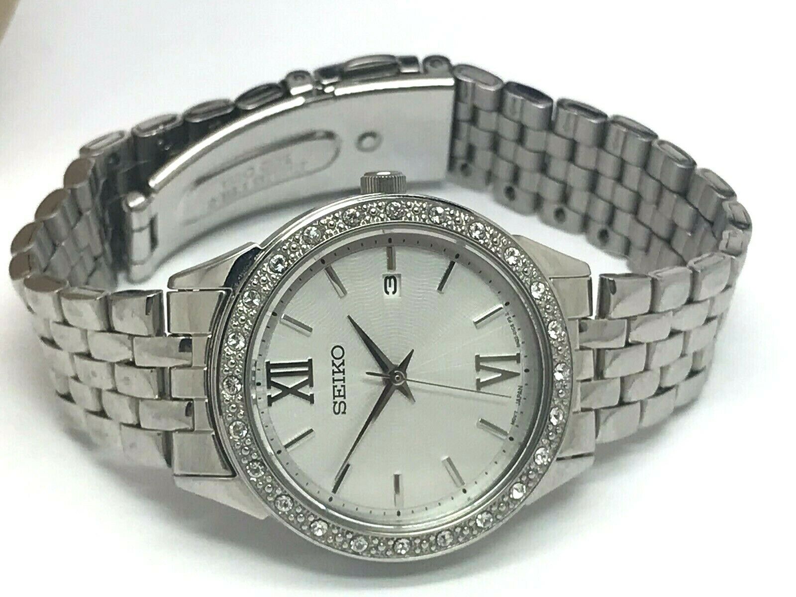 Seiko 6N22-00H0 Swarovski Stainless Steel Date Silver Tone Dial