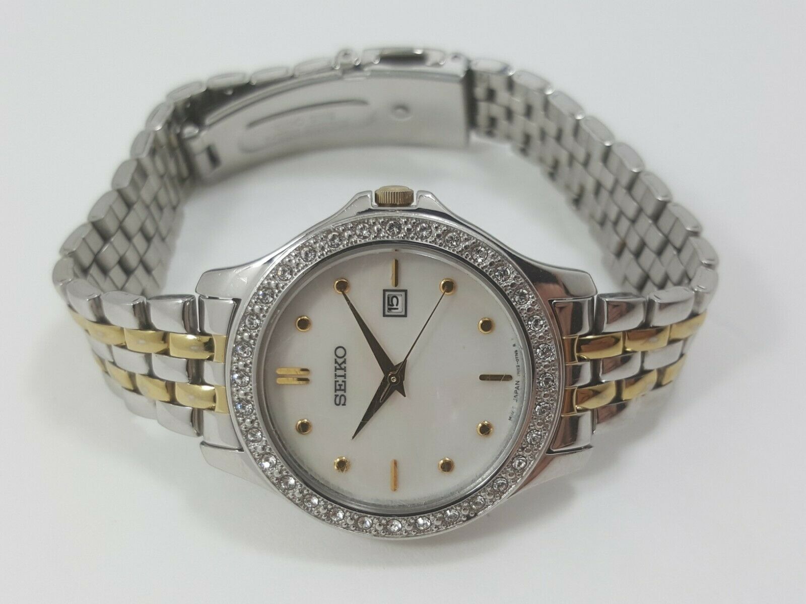 Seiko Quartz MOP Dial Crystal Accent Stainless Steel Ladies Watch