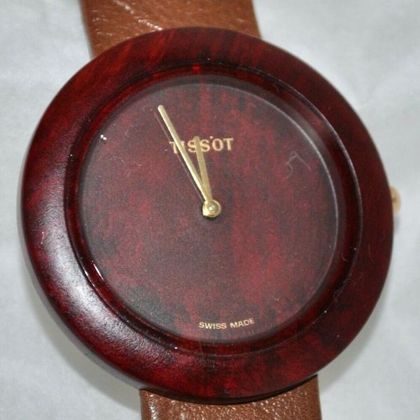 Vintage 1980’s Mens’ Tissot Dark Wood Watch Wood Dial & Brown Leather ...