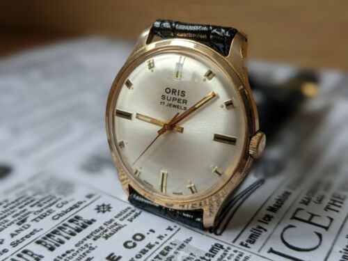 Mens Vintage Oris Super Gold Plated sunburst Baton dial Lume Watch