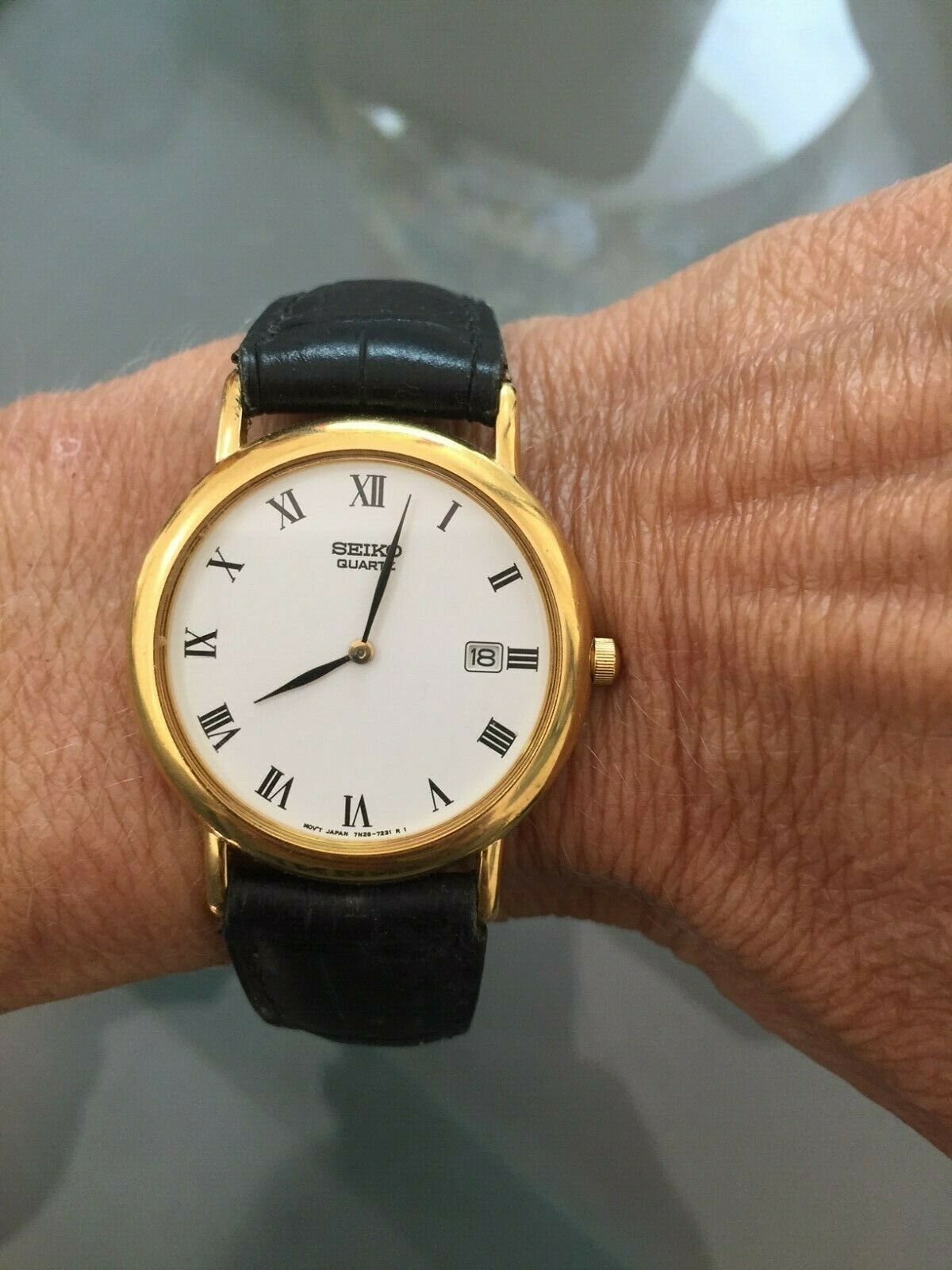 Vintage Authentic Seiko Quartz Gold Black Leather Watch | WatchCharts