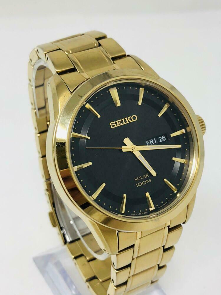 Seiko SNE100 Men s Dress Solar Black Dial Gold Tone Stainless