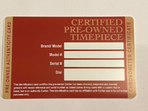 REPLACEMENT WARRANTY ID CARD IDEAL FOR CARTIER WATCHES