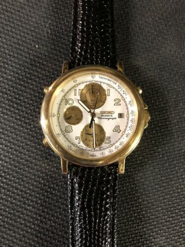 Vintage Seiko 7T42 7A20 Gold Quartz Chronograph White Face New