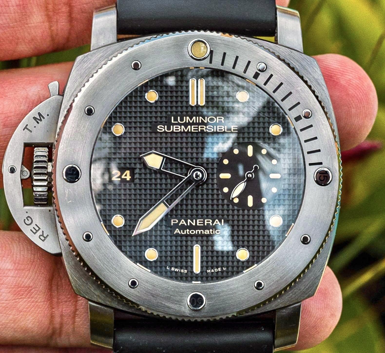 Panerai 569 Luminor 1950 Submersible Left Handed Destro Titanium Complete Boxes Papers PAM00569 PAM 00569 Clou de Paris Hobnail Dial WatchCharts Marketplace