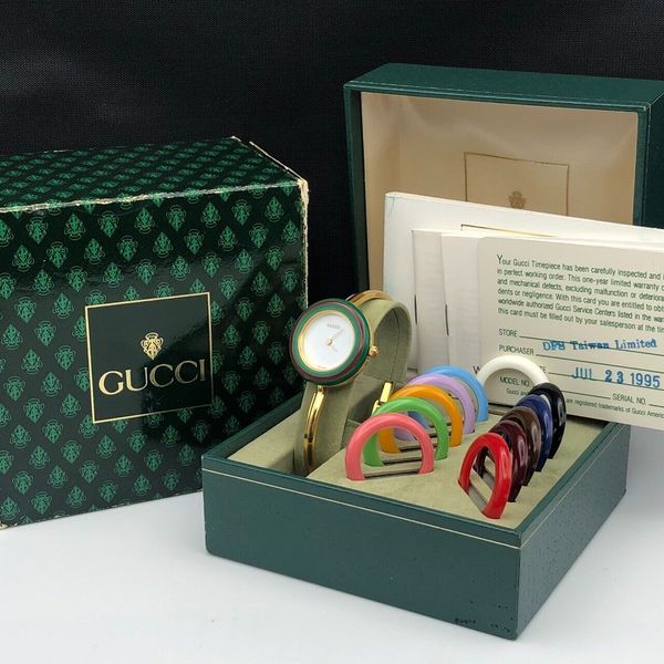 [N MINT W/Full Set] Gucci Change Bezel 12 Colors Gold Watch 6.5 inch ...