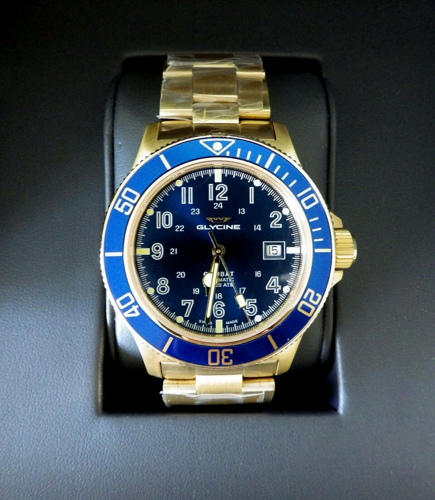 Glycine Combat Sub men s dive watch automatic blue gold 42mm 300m