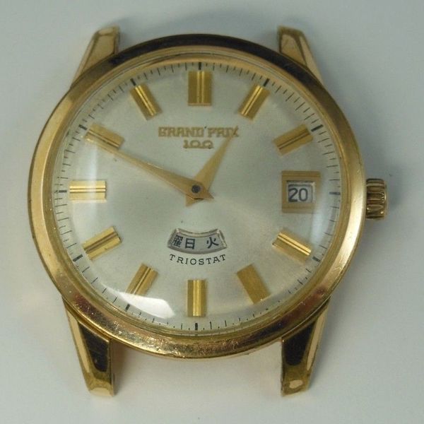 GRAND PRIX100 TRIOSTAT 14KGF 100石 ゴールド Vintage Orient Grand Prix 100 Jewels Triostat Date Watch For Parts