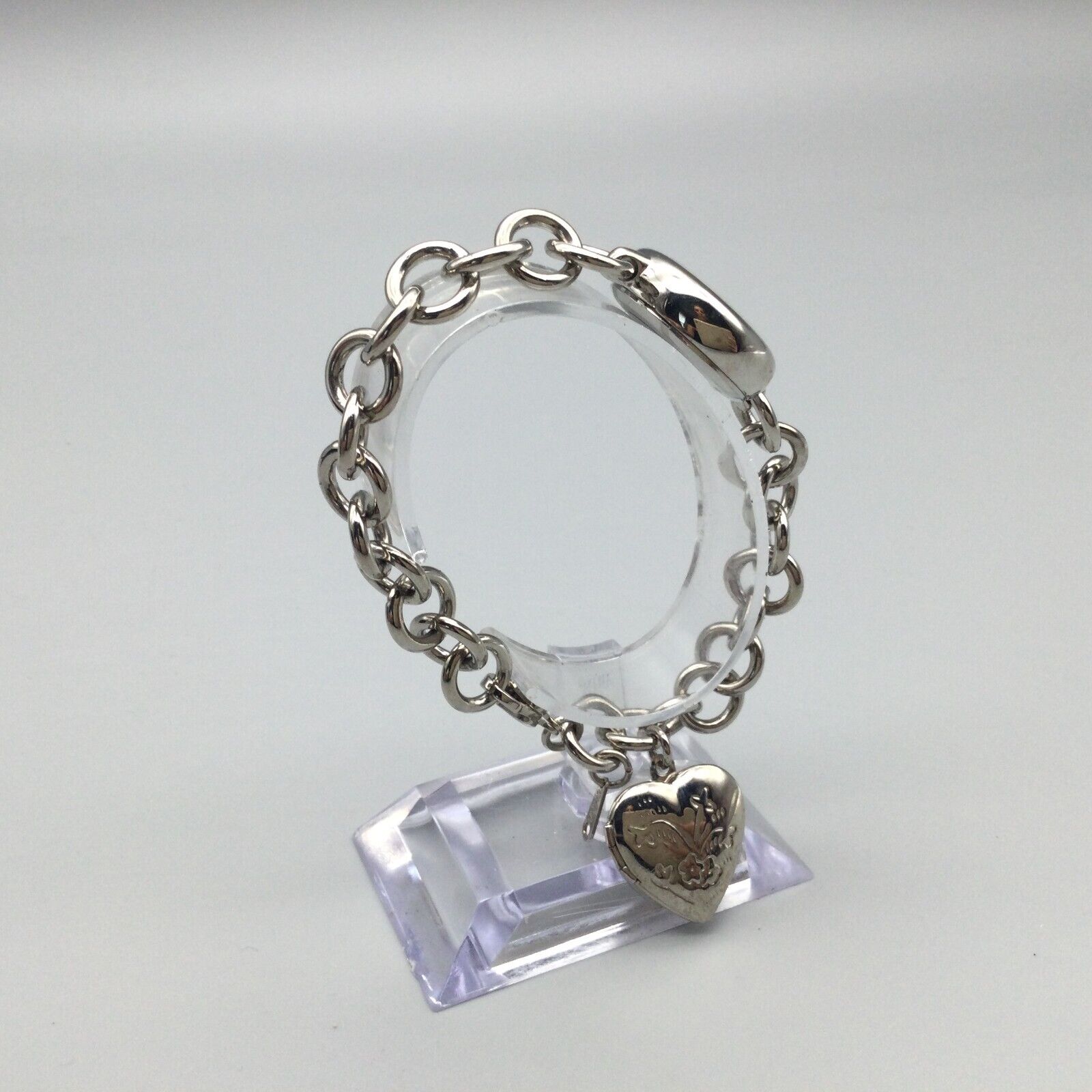Gruen Watch Women Silver Tone Heart Charm Bracelet Band MOP 