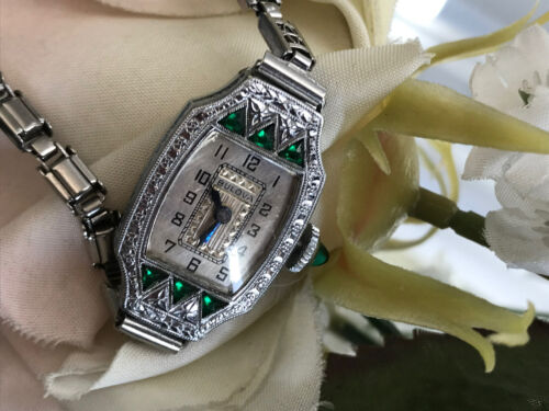 1924 Ladies Art Deco Emerald Bulova Watch ~Miss Liberty  display picture 3