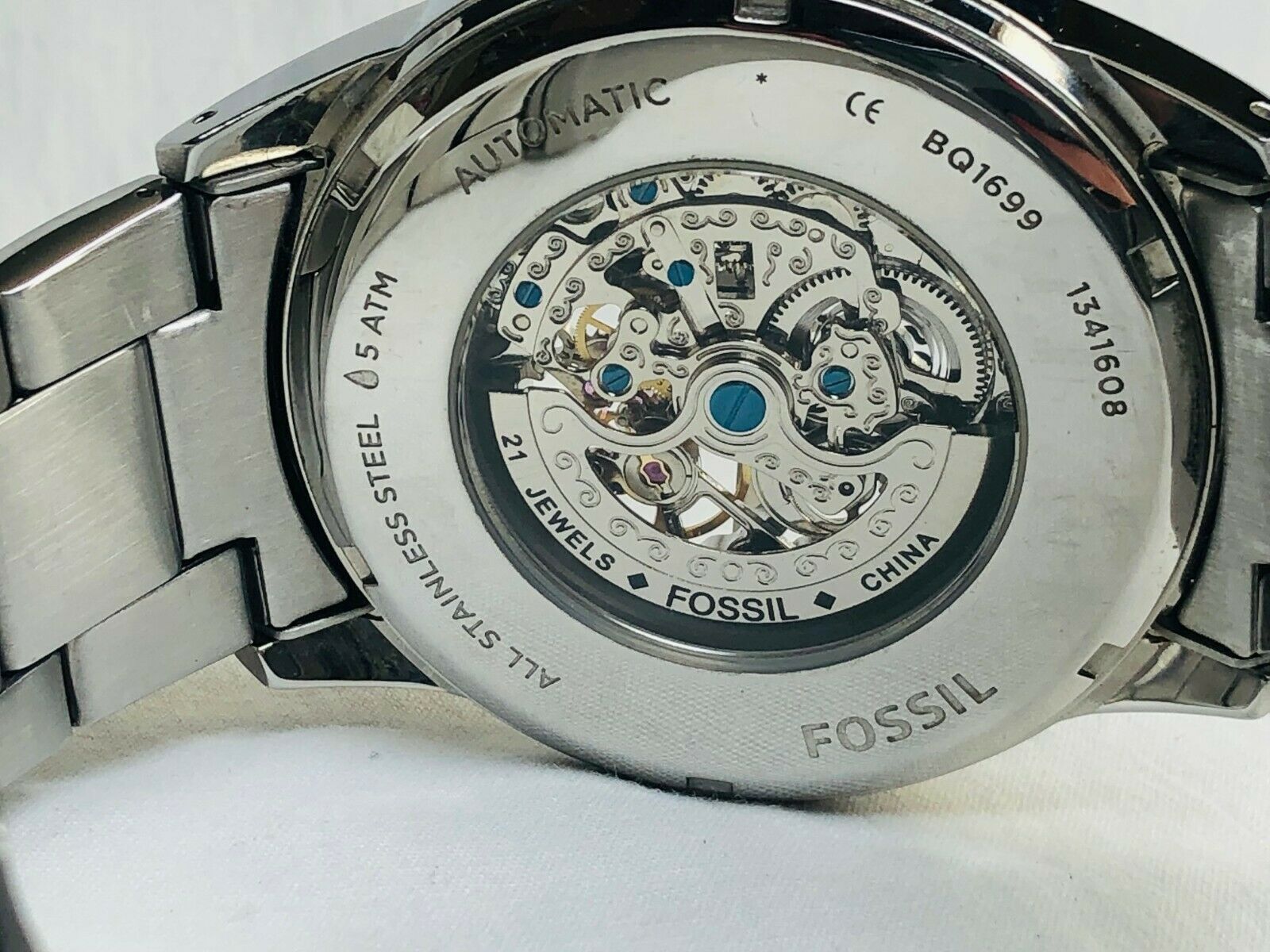 Men's Fossil Automatic BQ1699 Silver Tone Skeleton Dial 21 Jewels 