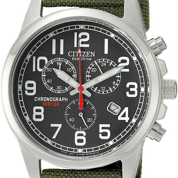 Citizen Watches Mens AT020005E EcoDrive Chronograph 39mm, Green Canvas Strap WatchCharts