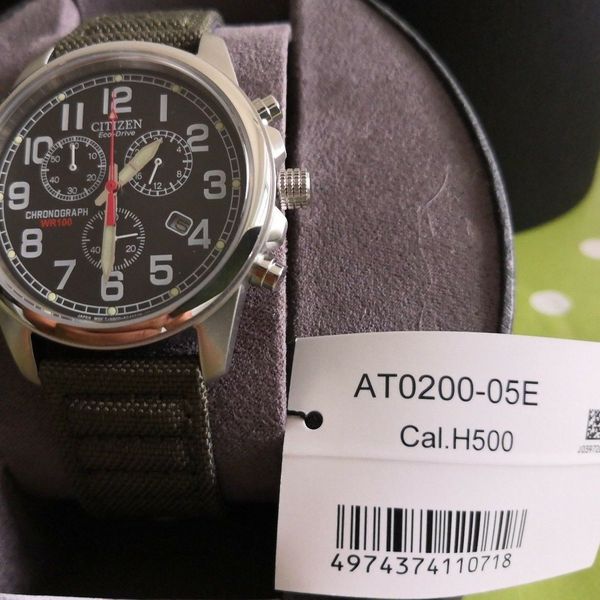Citizen EcoDrive Chronograph *AT020005E* 41mm Military Canvas Band Men's Watch WatchCharts