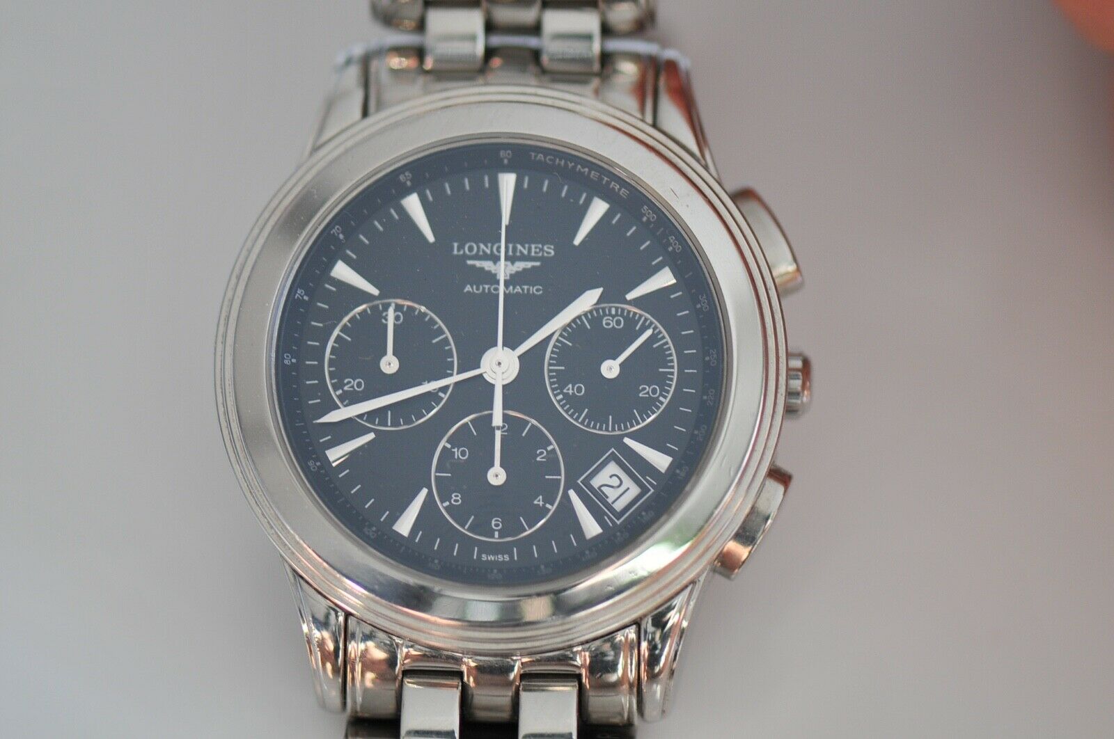 Longines automatic watch flagship chronograph with date black dial