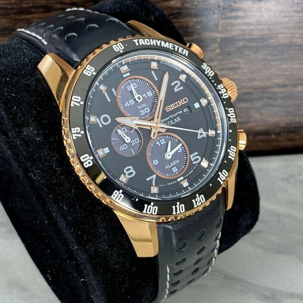 Seiko Solar Sportura Men s Watch Rose Gold Black Leather Chronograph SSC274 WatchCharts Marketplace