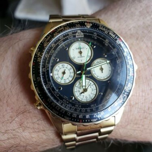 Vintage Mens Seiko Flightmaster Quartz Chronograph Gold Tone 7T34-6A00 |  WatchCharts