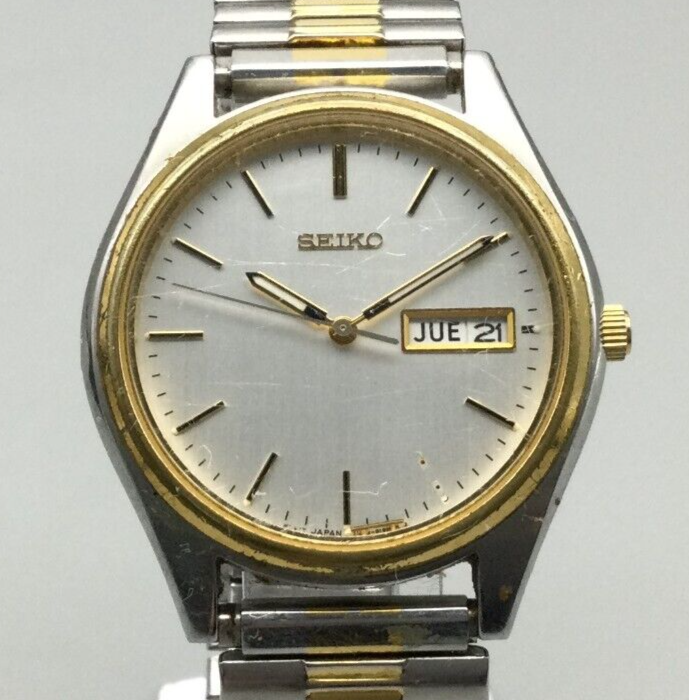 Vintage Seiko Watch Men Gold Silver Tone Day Date 7N43 9048