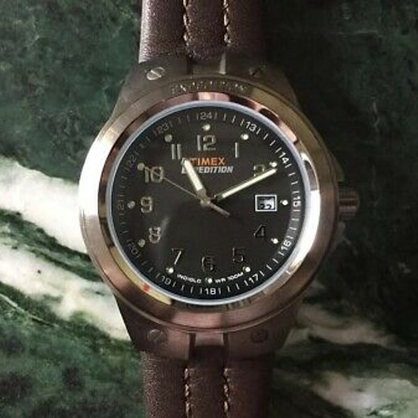 Timex Expedition men's metal tech brown leather strap watch T49631 