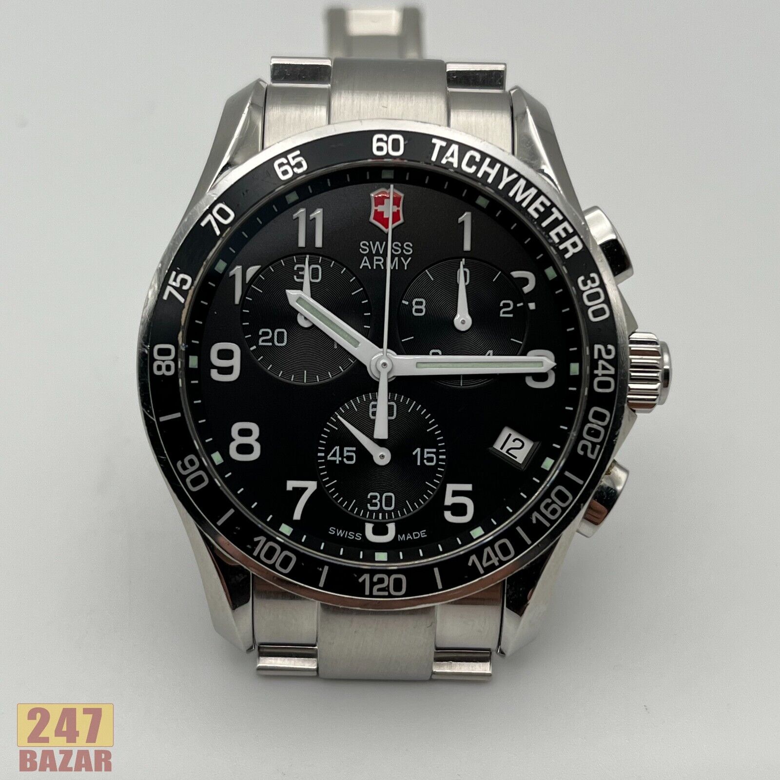 Victorinox SWISS ARMY Quartz 241122 Black Dial Date Chrono SS