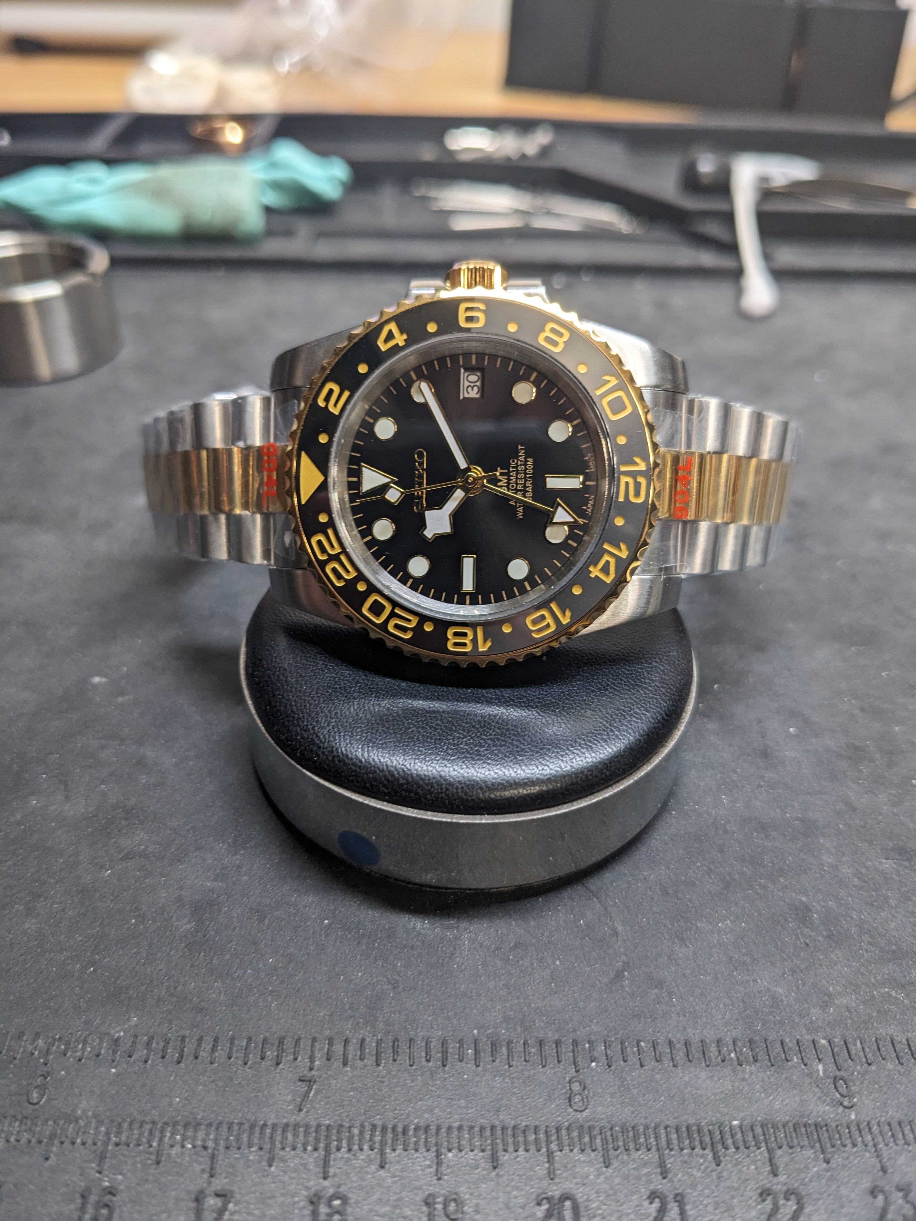 WTS] Custom GMT Mod: Two Tone Yellow Gold Black/Gray Bezel- Seiko