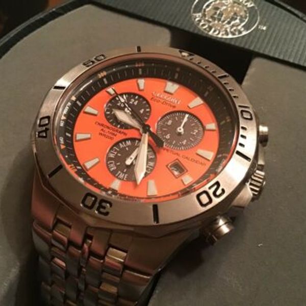 Citizen Eco Drive Orange Dial Men Watch WR 200m Perpetual Calendar