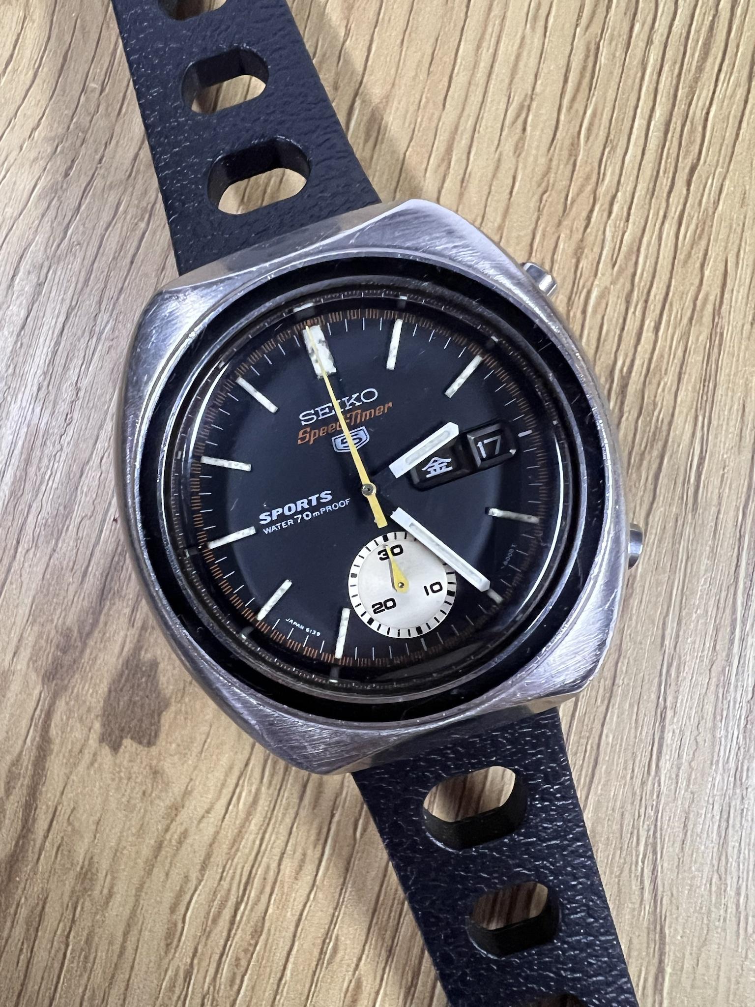 Vintage Seiko 5 Sports Speed Timer Chronograph Watch, Black Dial 
