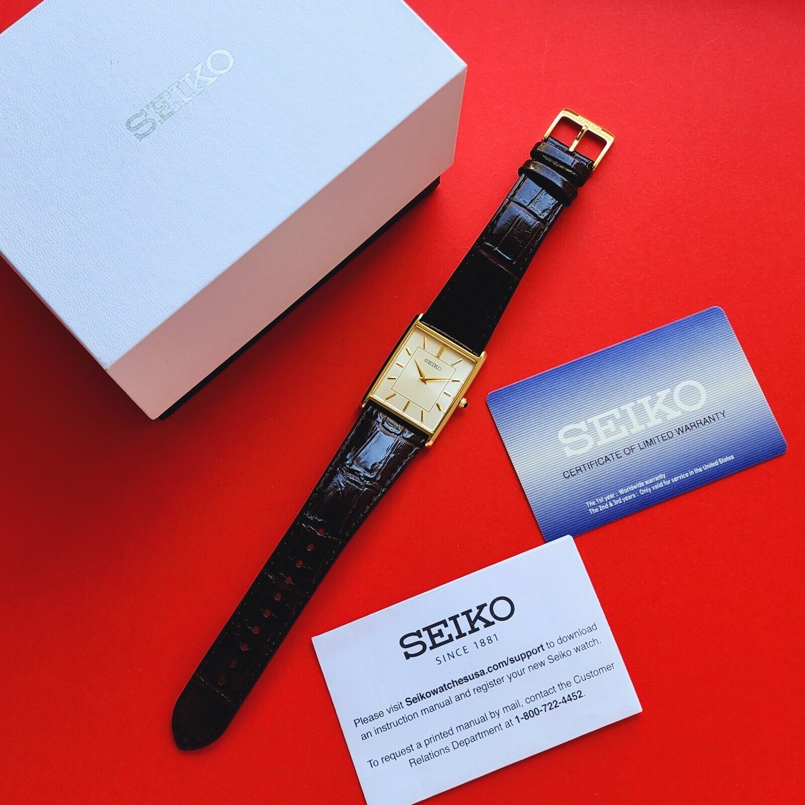 Seiko Tank Watch Brown Leather Band With Box Card 4N30 00G0 28mm