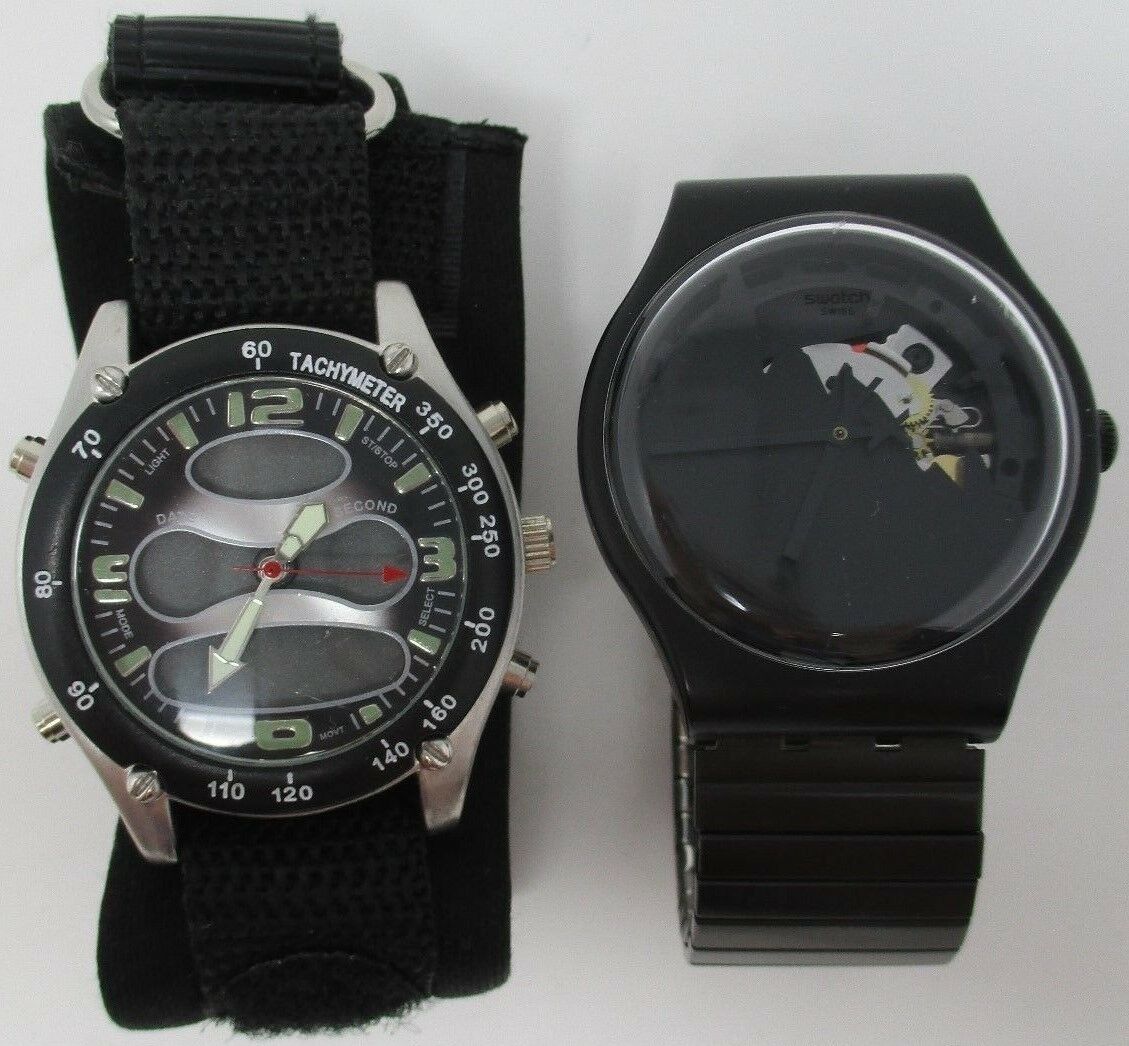 Black Swatch Watch Mens SR1130SW Elastic Metal Band + BONUS