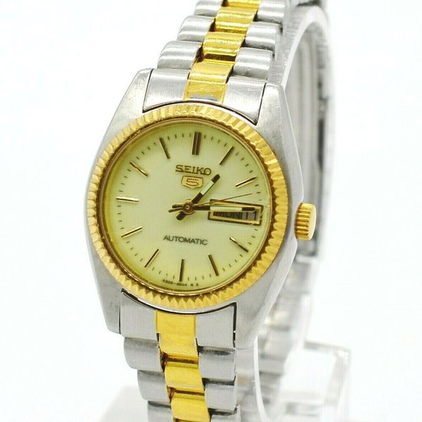 VINTAGE SEIKO 5 AUTOMATIC YELLOW DIAL WOMEN'S TWO TONE WATCH 4206