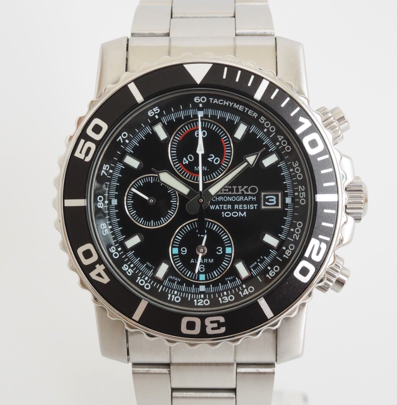 Seiko SNA225P 7T62-0CV0 Chronograph Quartz Black Dial Alarm Men's