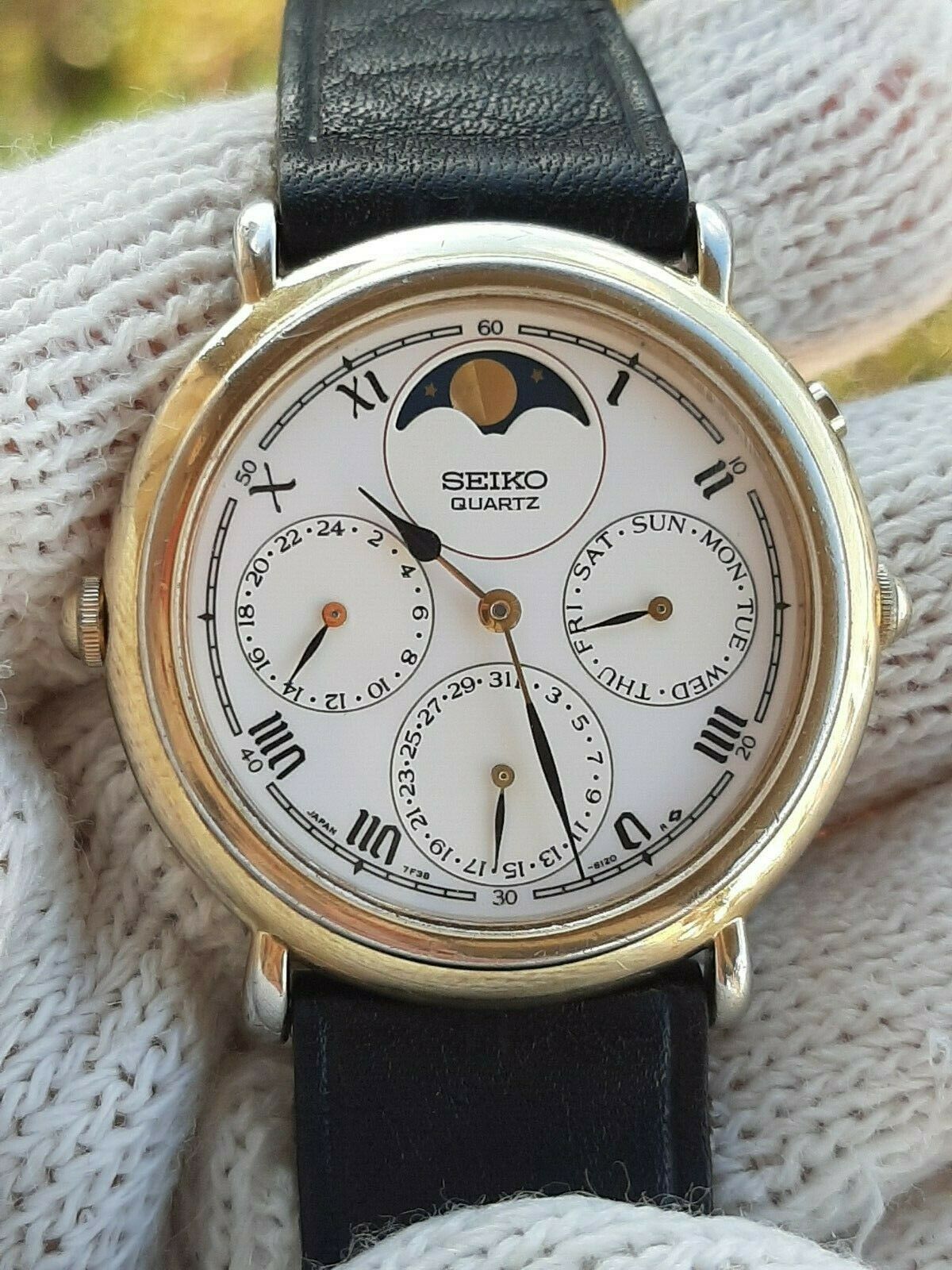 SEIKO 7F38-6140 QUARTZ TRIPLE DATE MOONPHASE GOLD PLATED 34mm