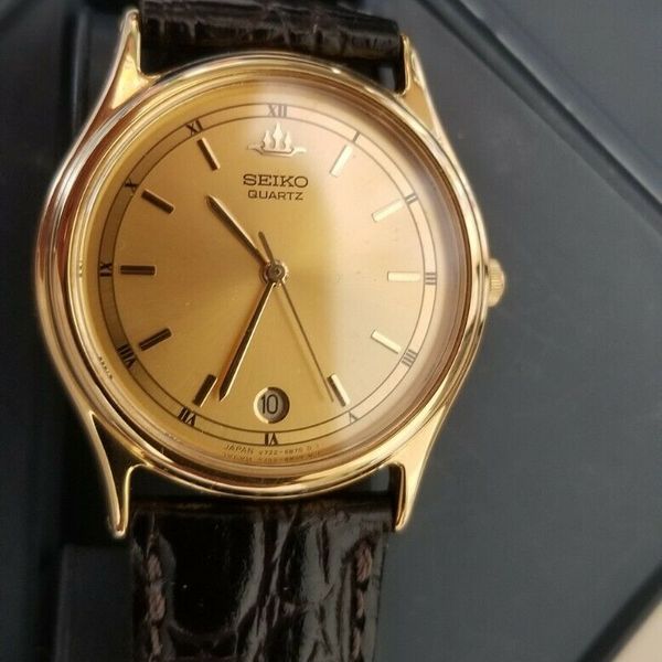 Mens SEIKO Quartz Wrist Watch V722-6B20 Brown Calf Leather Gold