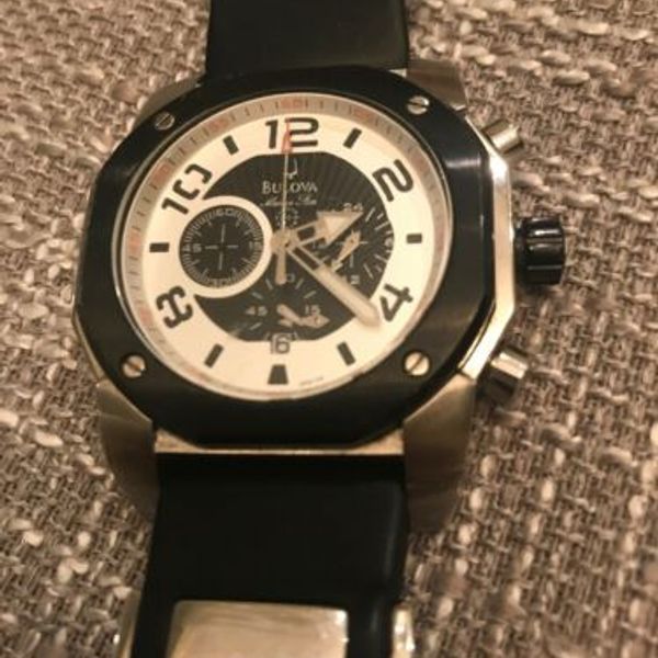BULOVA MARINE STAR BLACK WHITE TRIPLE CHRONO WATCH C9671599 RARE 