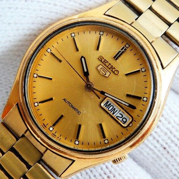 Vintage SEIKO 5 Automatic 7S26-3100 All Golden Tone Japan Mens Day Date ...