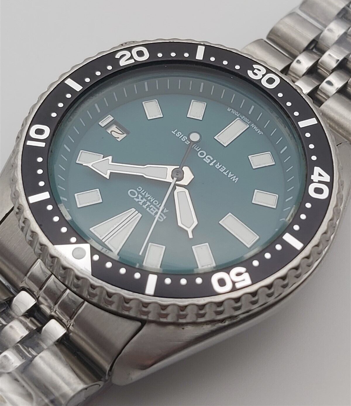 93 SEIKO 7002 7000 SS MENS DATE AUTO DIVE BLACK 380091 GREEN DIAL