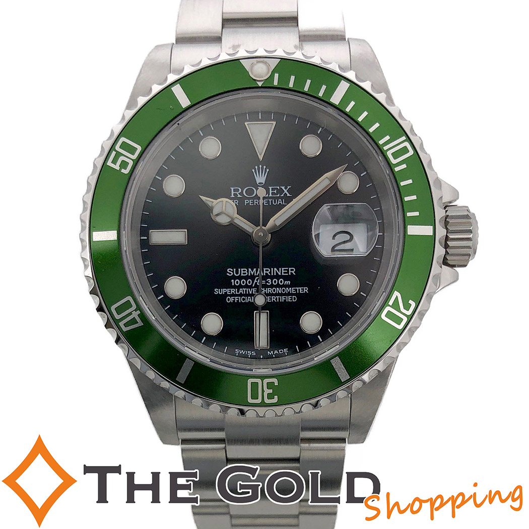 Rolex Submariner Kermit Green Bezel Flat 4 Steel Mens Watch 16610LV