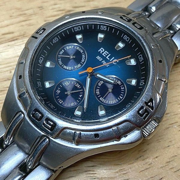 Relic ZR15409 Men Silver Blue Moving Bezel Analog Quartz Watch Hours